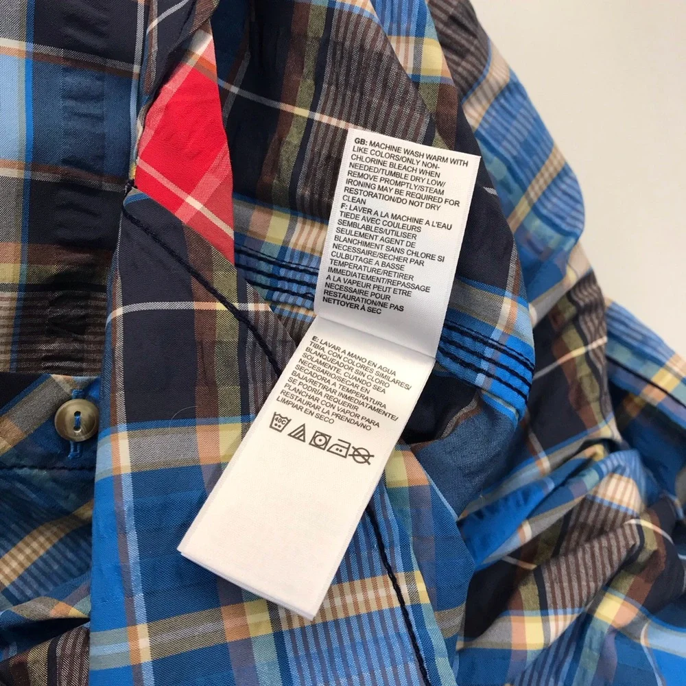 The North Face Shirt Mens‎ L Blue Plaid Short Sleeve Button Up Embroidered Logo.